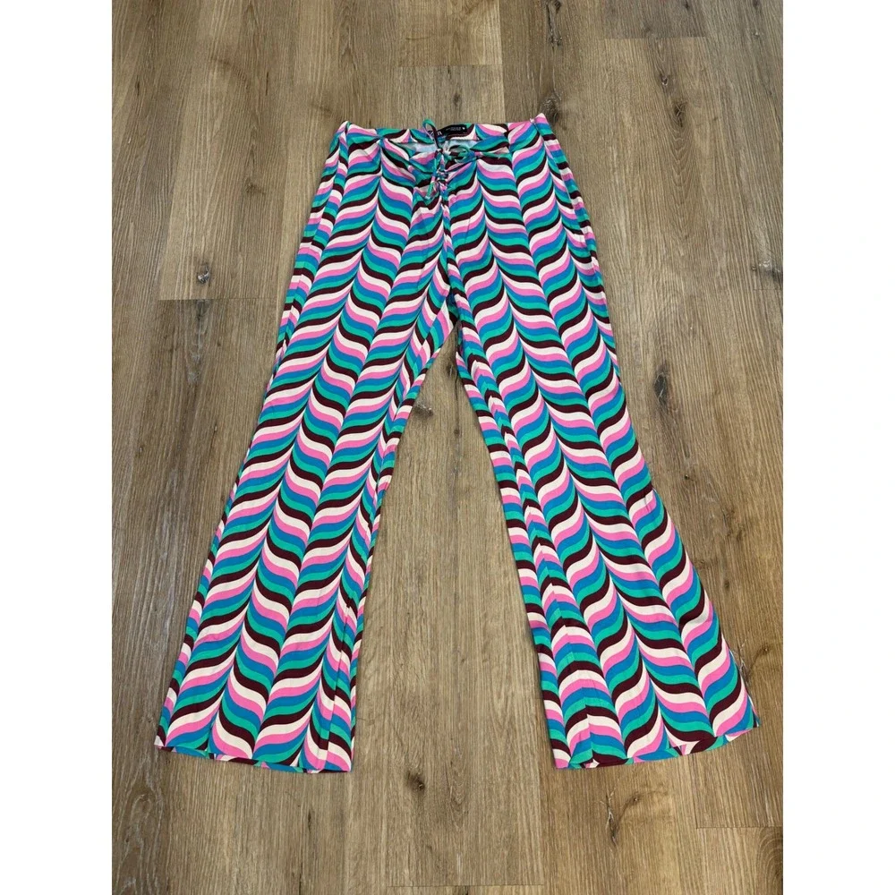 Zara Flare Pants Womens Medium Multicolor Psychedelic Wavy Print Lace Up Retro